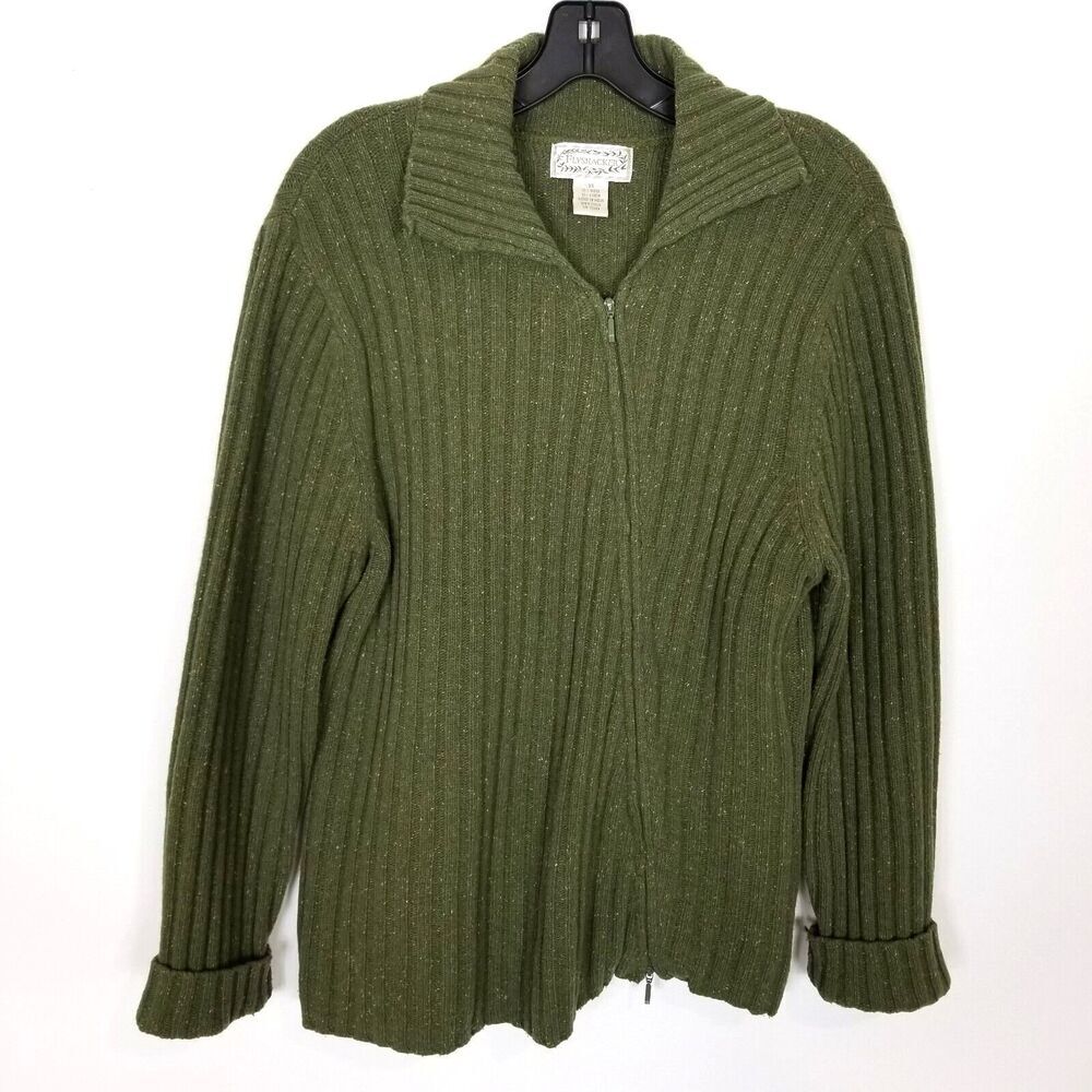 Flyshacker Women Wool Linen Asymmetrical‎ Zip Cardigan Sz XL Green